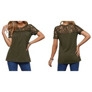 Spadehill Green Blouse Lace Sheer Illusion Neckline Top Cotton